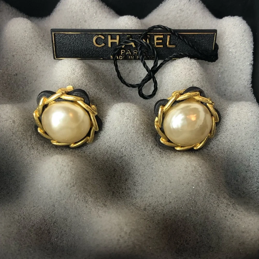 CHANEL Gold and Black Leather Wrapped Pearl Statement Earrings w/ Box